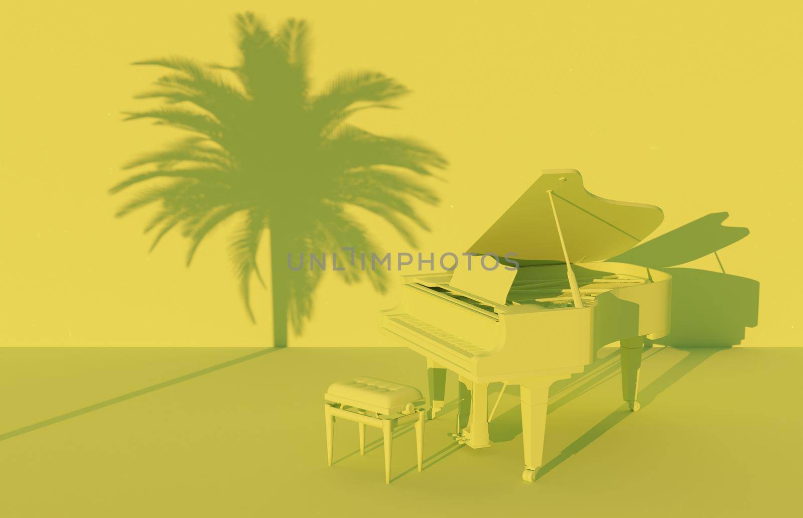grand piano in green monochromatic scenery with palm tree shadow on the wall. 3d render