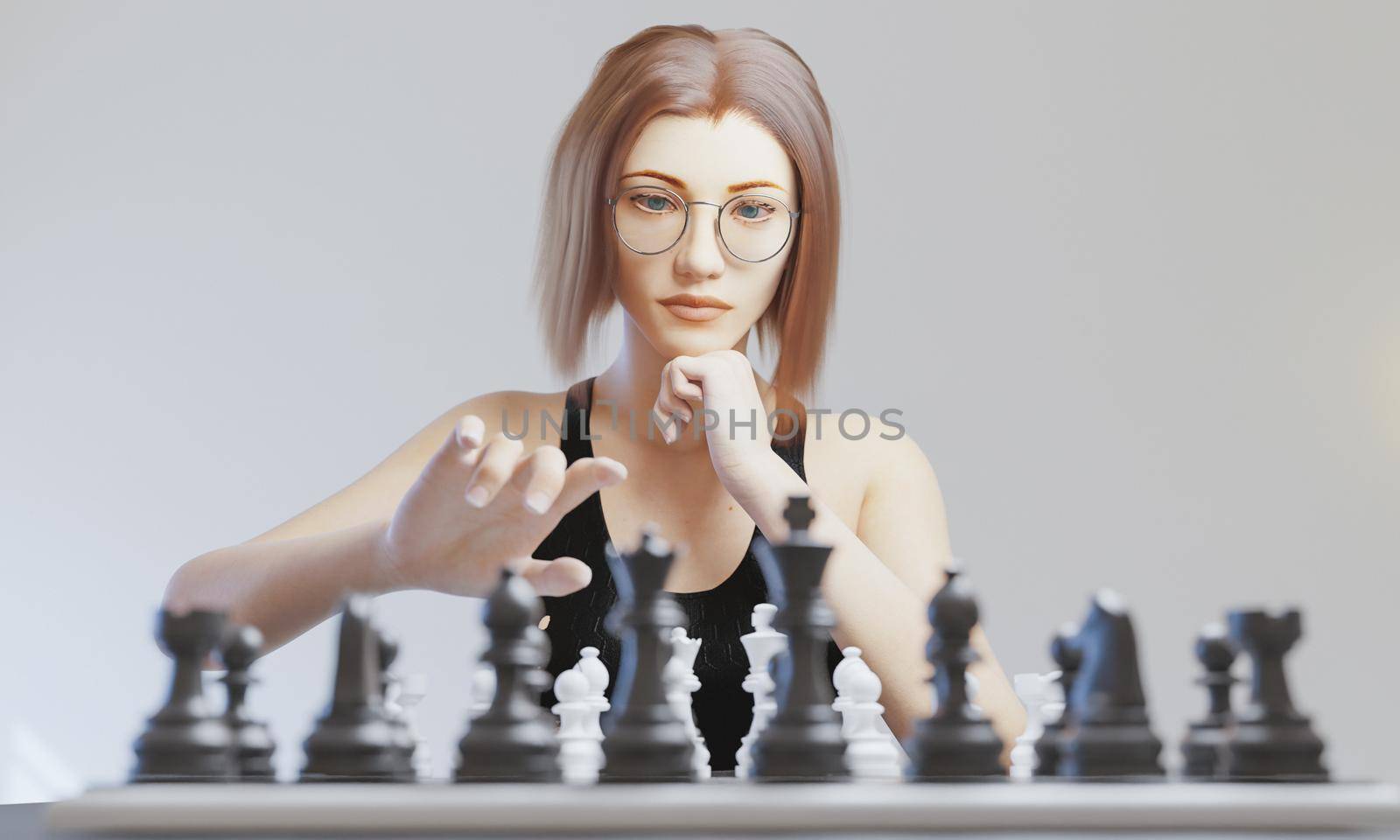 girl with round glasses playing chess by asolano