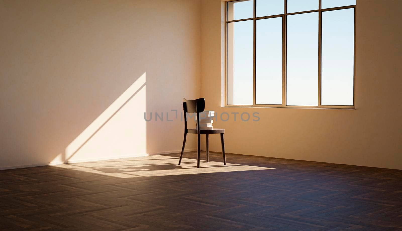 chair with books on it in front of a window inside an empty sunlit room with harsh shadows. 3d render