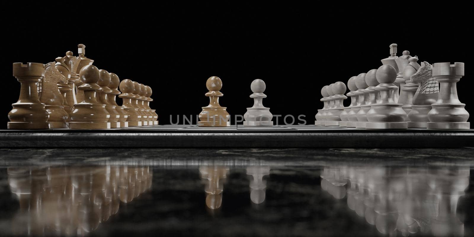 side view of a chessboard on a dark marble table by asolano