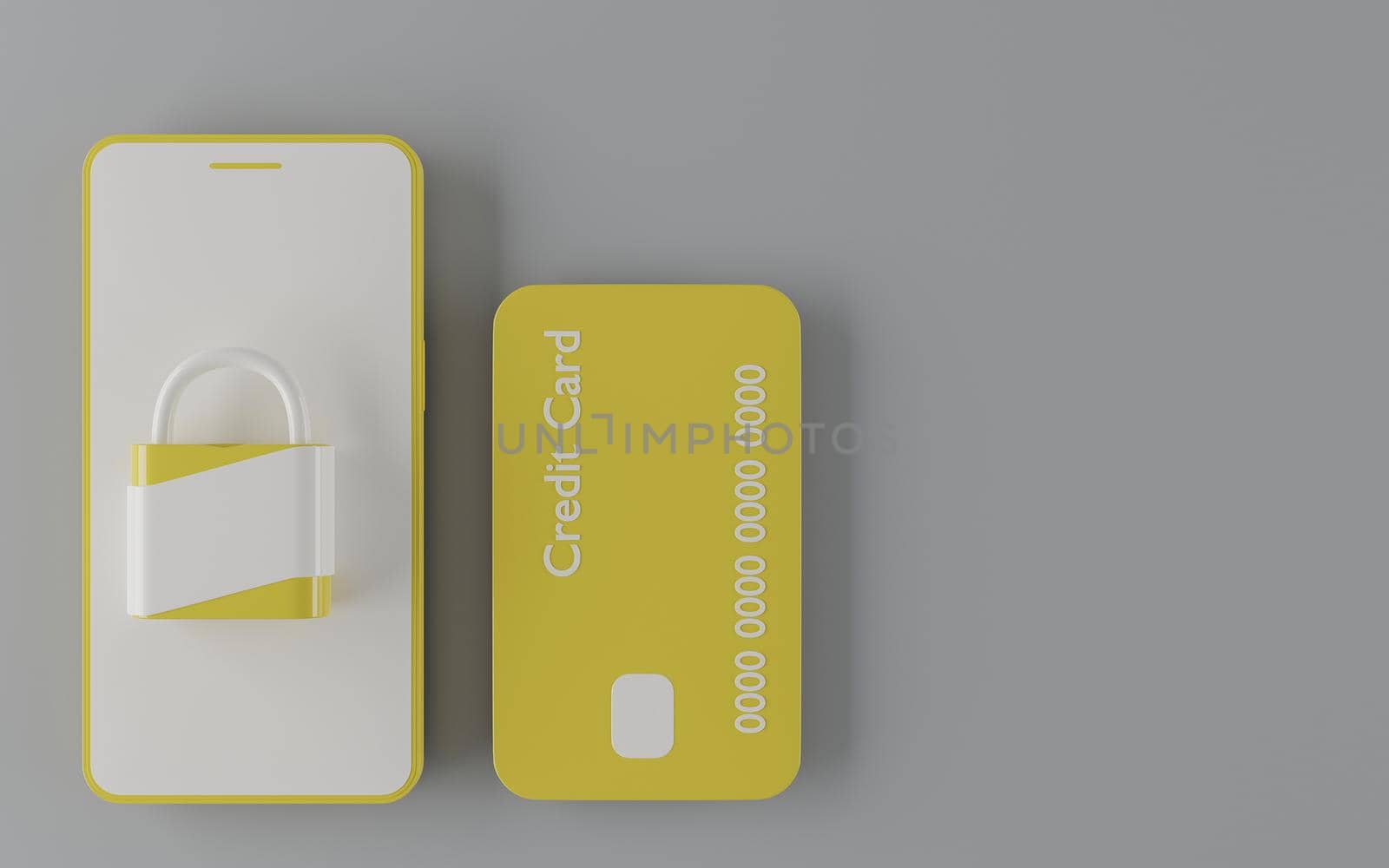 yellow credit card with yellow and white mobile phone and padlock on top on gray background. 3d render