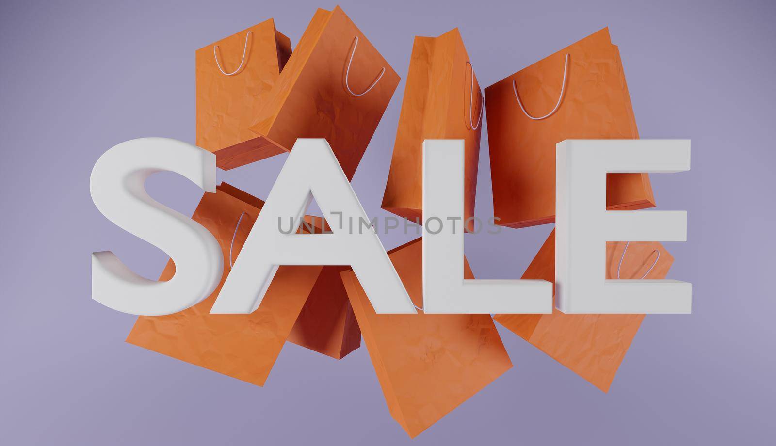 sign with the word "SALE" in white and orange paper bags behind it on a purple background.