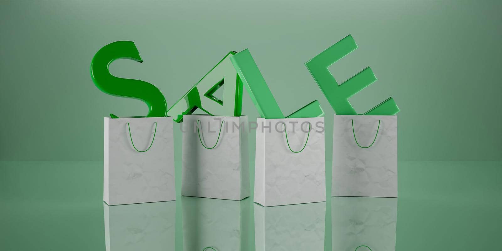 sign with the word "SALE" in green with the letters inside paper bags. 3d render