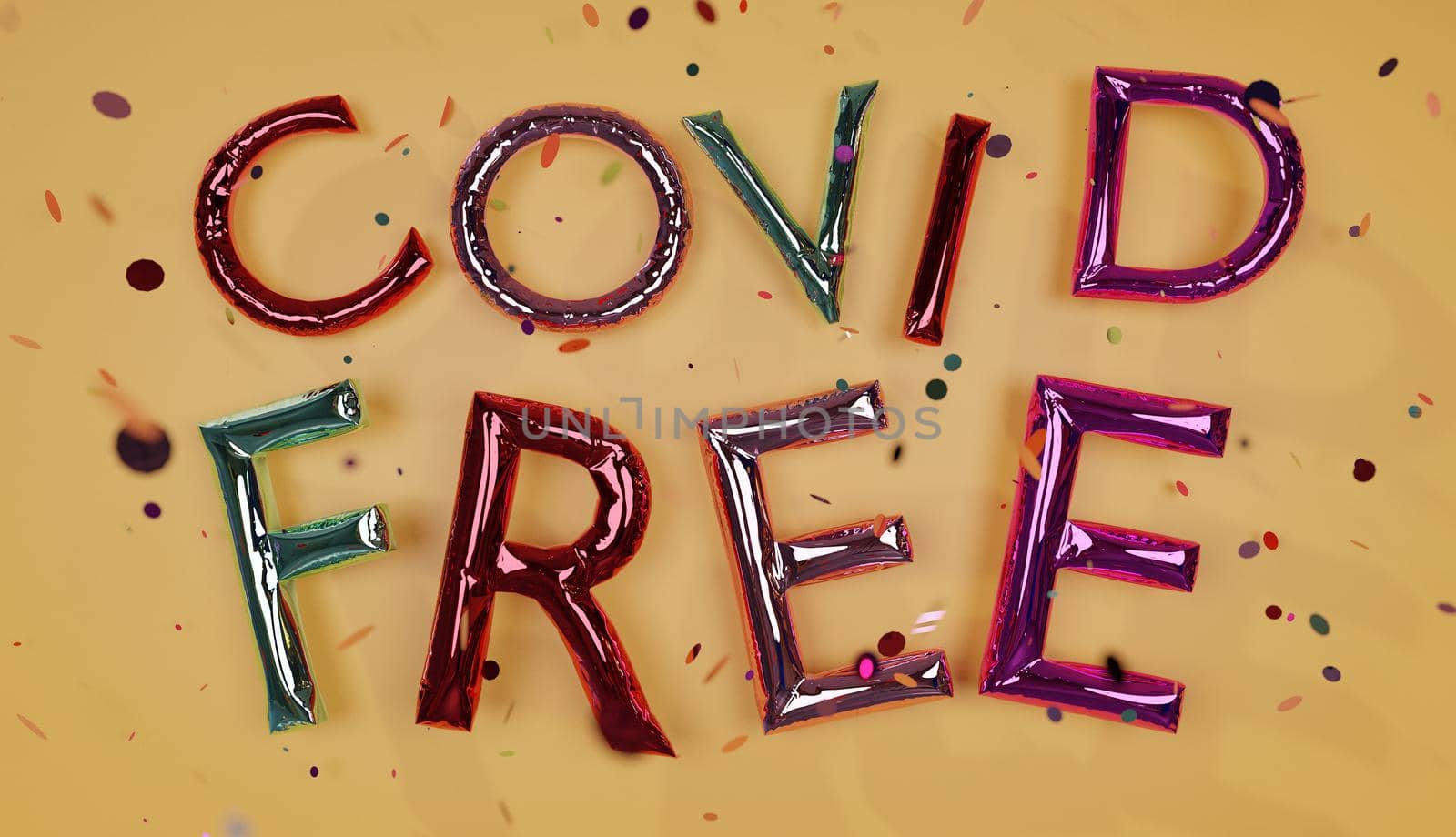 balloon sign with the phrase "covid free" and confetti falling by asolano