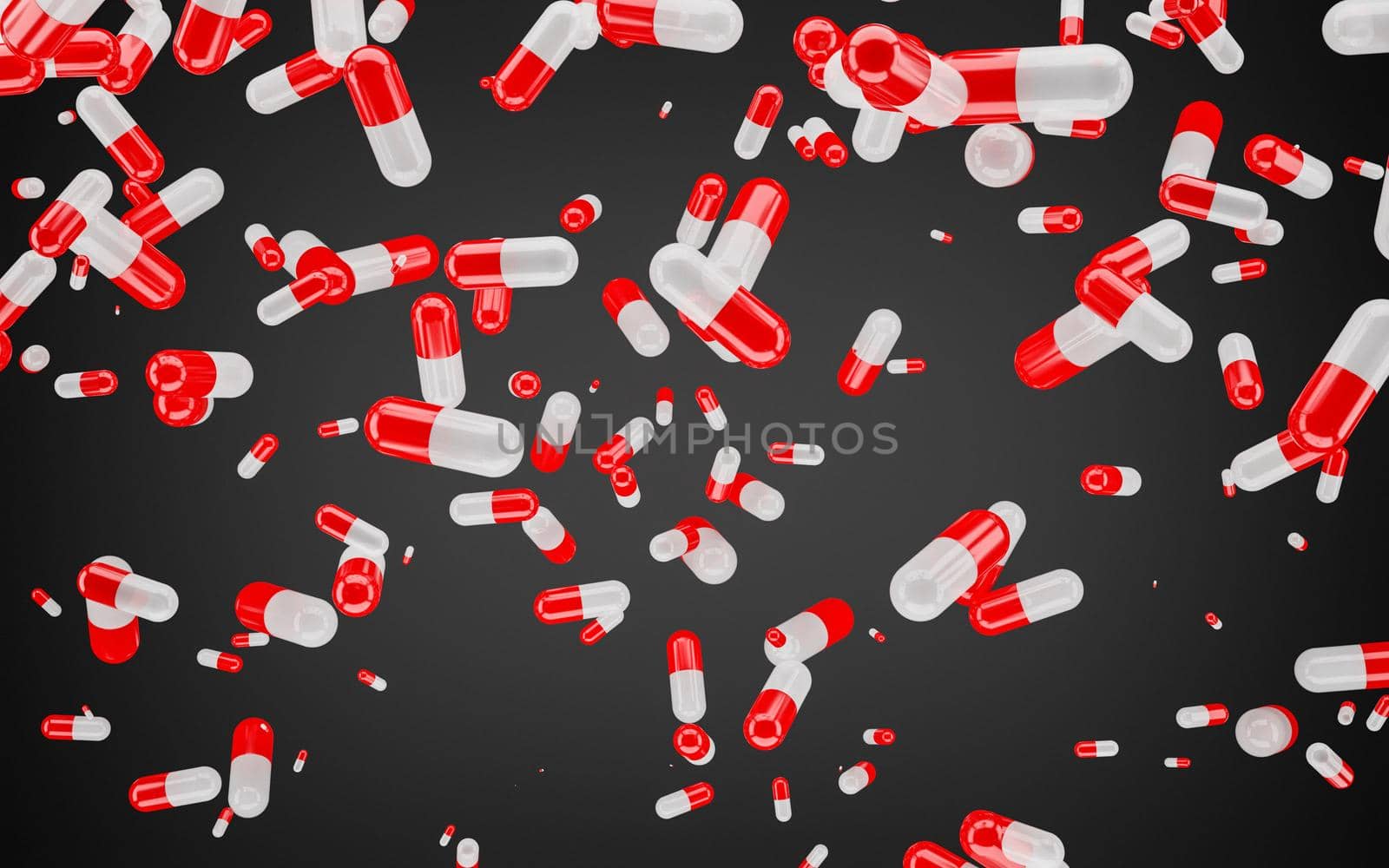 many white and red capsules of medicine falling with a black background. 3d render