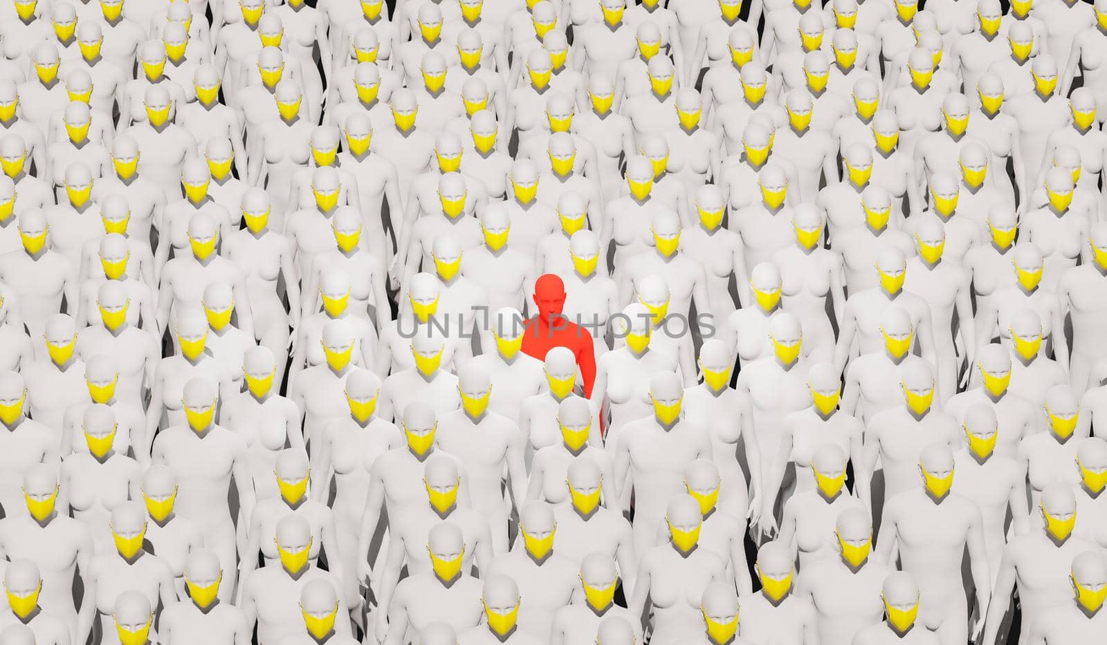 many white mannequins with yellow masks and one in red with no mask on. 3d render