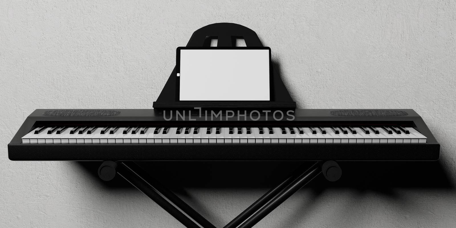 electronic piano on a metal stand with a blank tablet on its music stand for online lessons. Mockup. 3d render