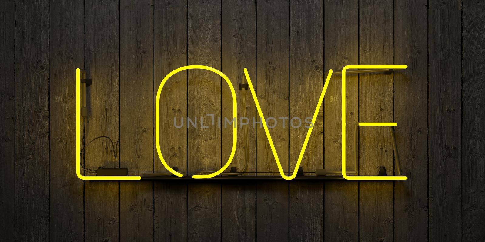 neon sign with the word "LOVE" with yellow light on a gray wood wall. 3d render
