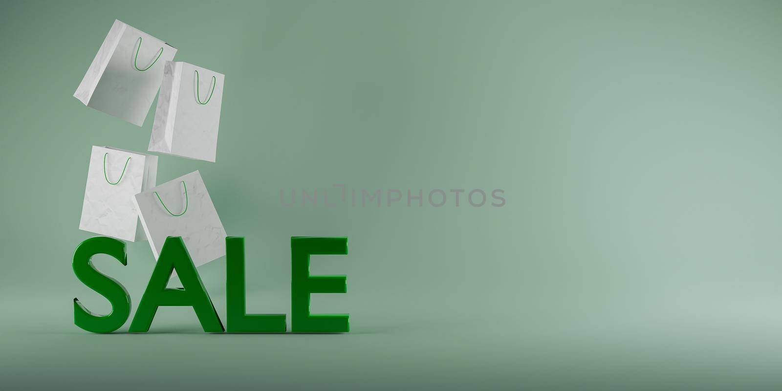 sign with the word "SALE" in green and white paper bags behind it. 3d render