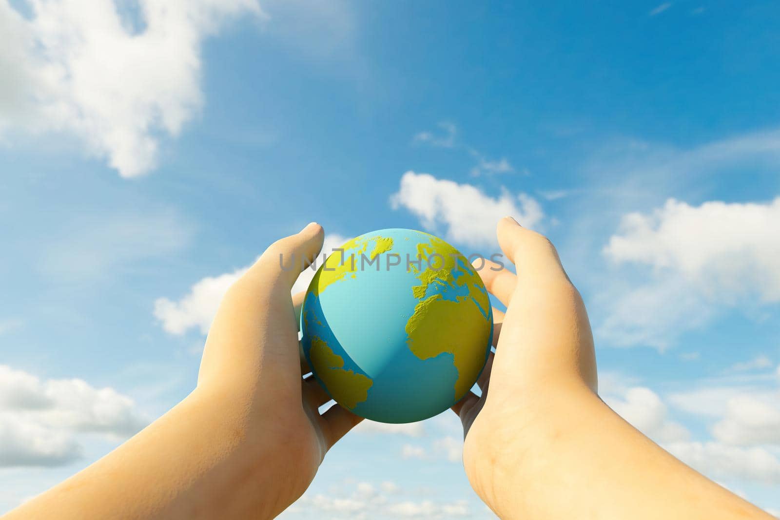 close-up of two hands holding planet earth with blurred cloud background. 3d rendering