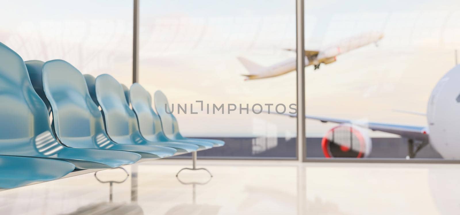 row of waiting chairs at an airport with planes taking off in the out-of-focus background. 3d rendering