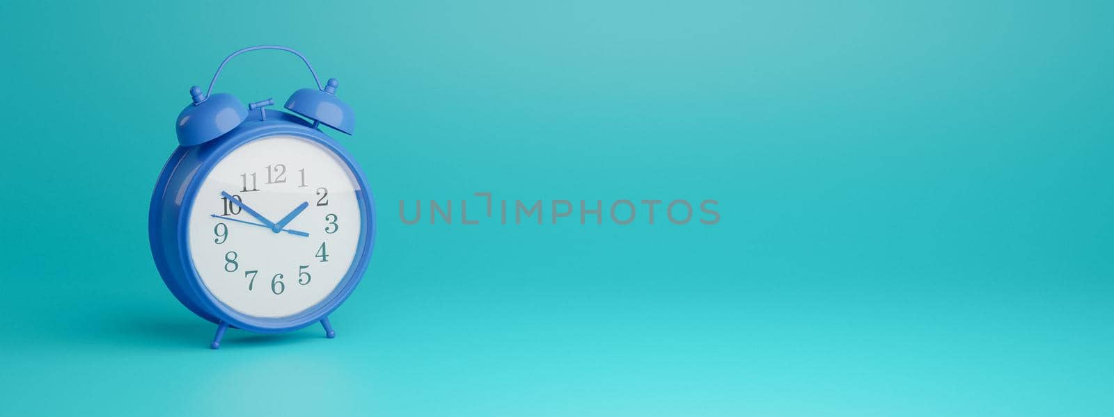 classic dark blue alarm clock on light blue background. copyspace. 3d render