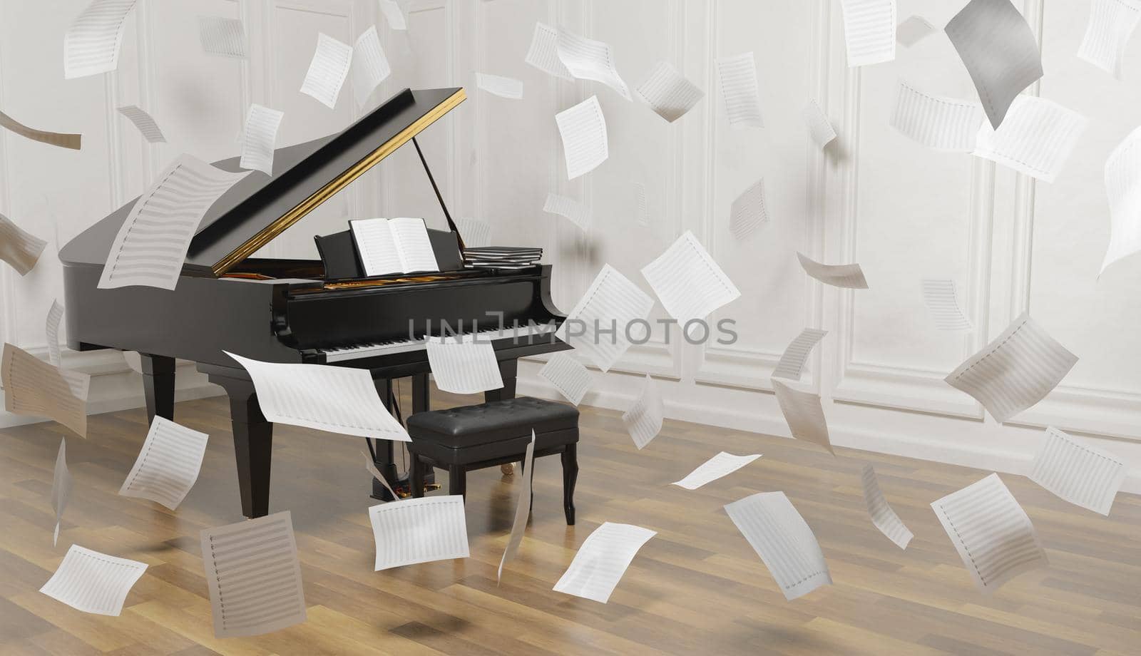 grand piano in room with wooden floor and lots of sheet music falling in the air. 3d render