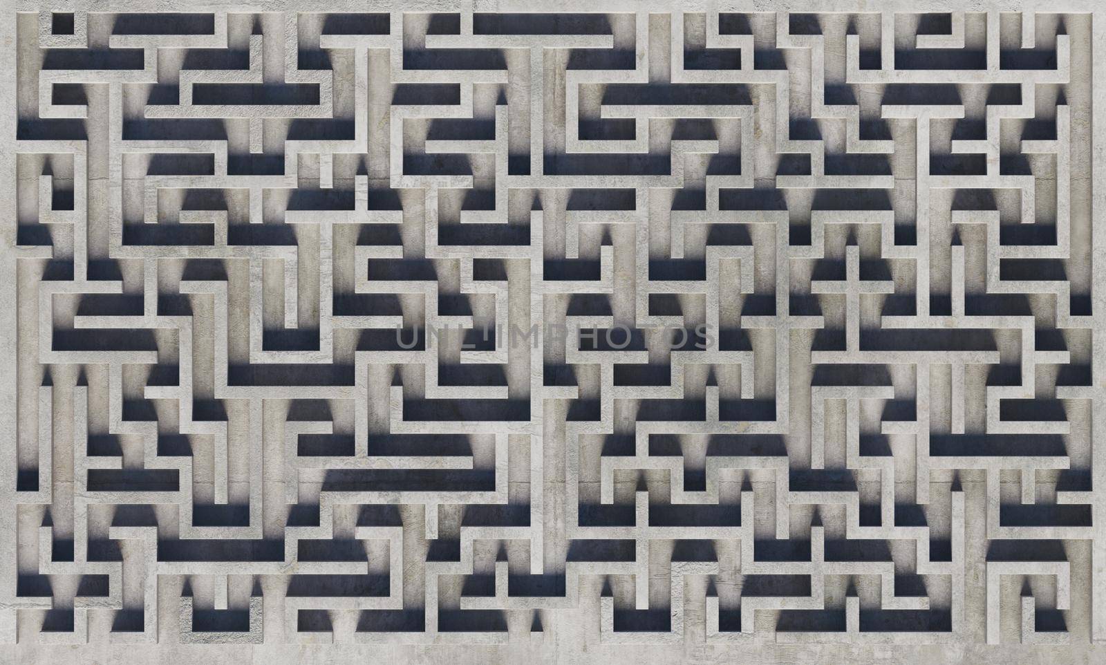top view of a gray concrete maze with soft shadows. 3d rendering
