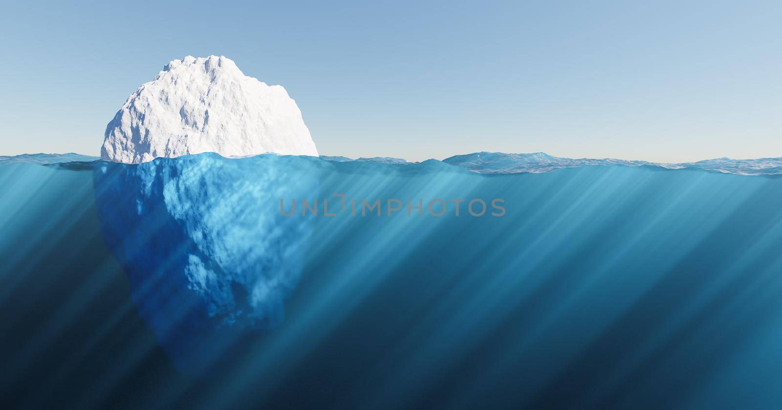 iceberg floating in the sea with crystal clear water and sun rays. global warming concept. 3d rendering