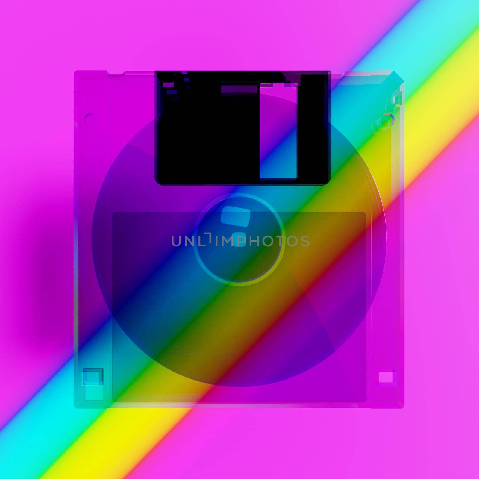 transparent old floppy disk on a full color background. 3d rendering