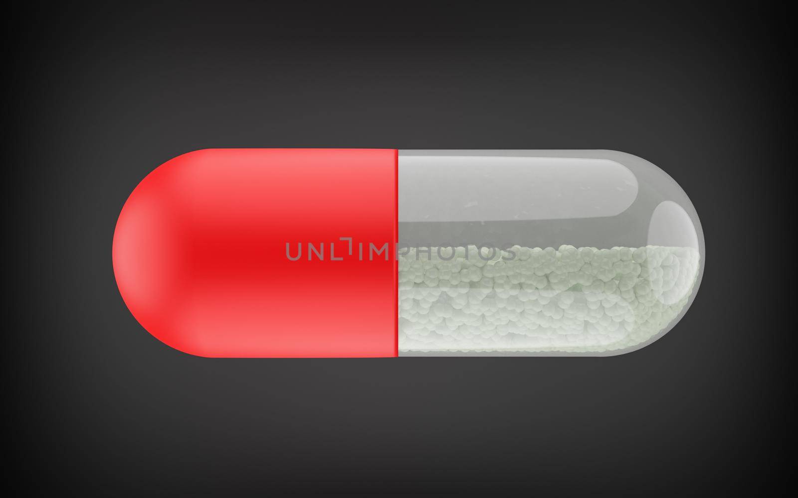red and white drug capsule with small balls inside visible through the transparent plastic. 3d render
