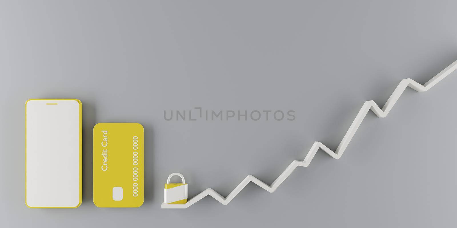 yellow cell phone and credit card next to a padlock with an ascending graphic on a gray background. 3d render