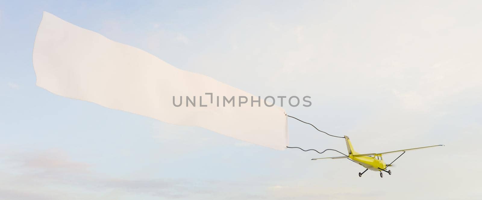 yellow light aircraft with white billboard flying over a sunset. 3d mockup rendering