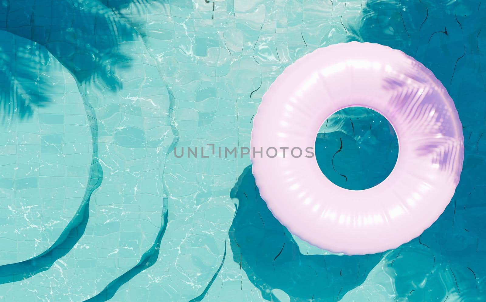 blue bottom pool with a pink float and palm trees by asolano