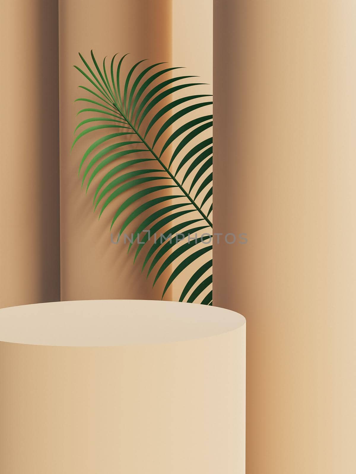 cylindrical product stand with rear columns and palm leaf by asolano