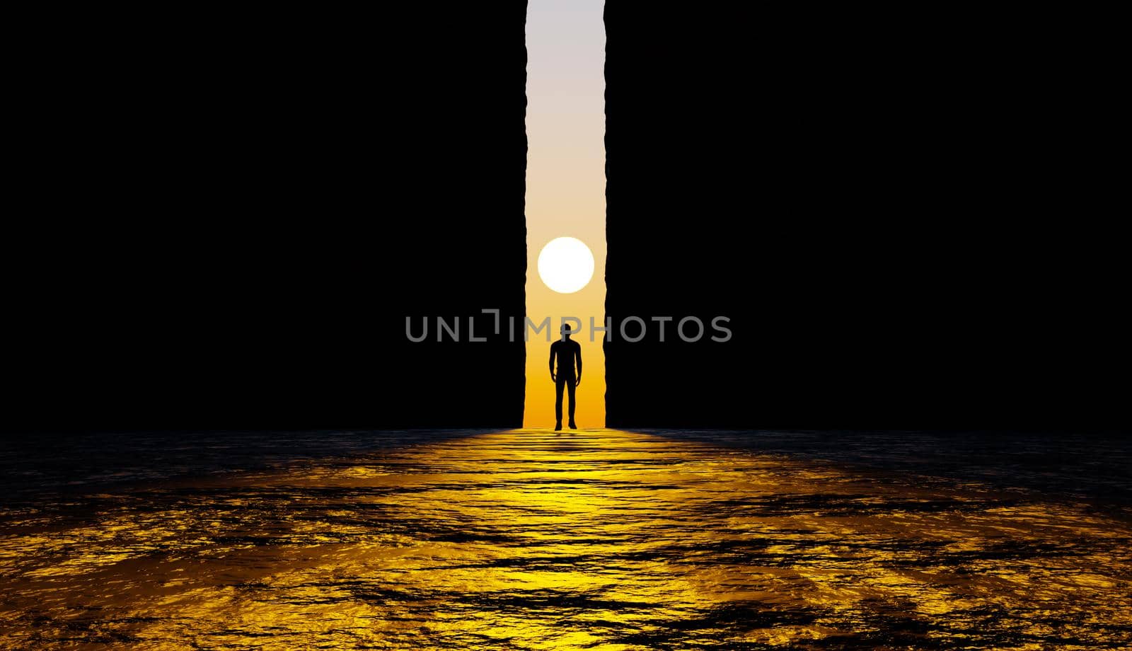 silhouette of a person between a rock wall with the sun in front of him. 3d render