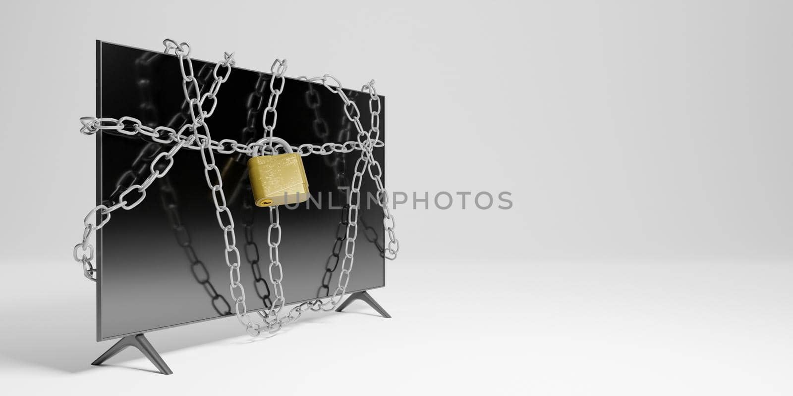 Modern flat television with chains tangled in it and a padlock in front on white background. Parental control concept. 3d rendering