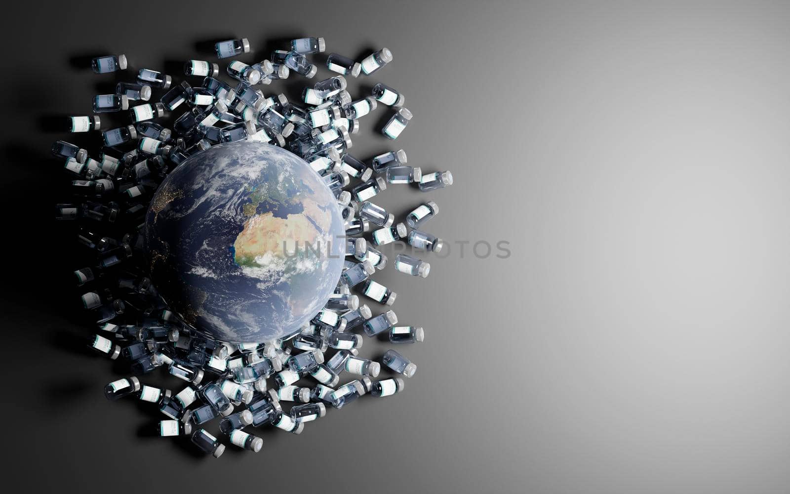 planet earth over many canisters of coronavirus vaccine copyspace by asolano