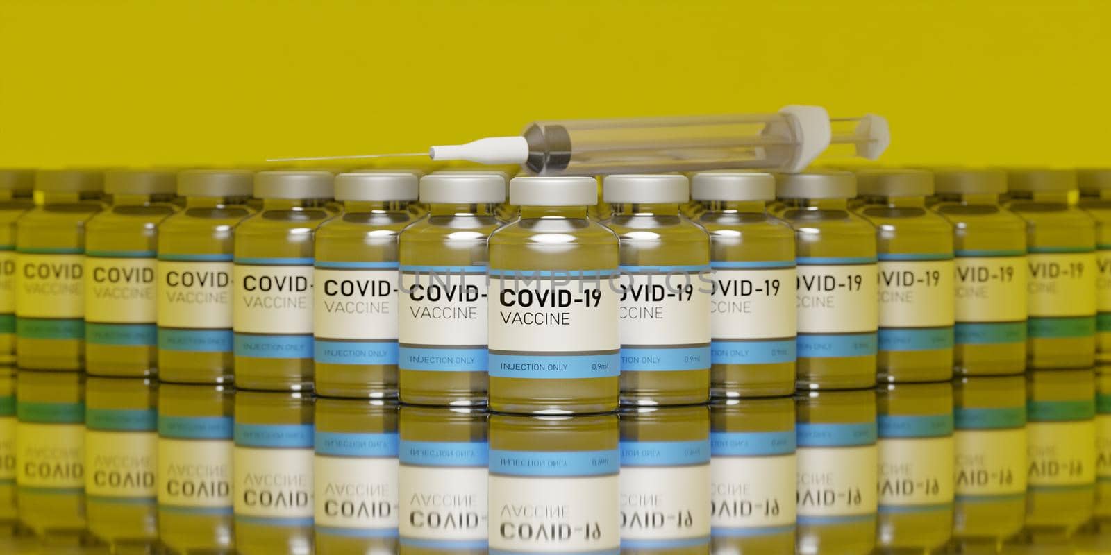 MANY CORONAVIRUS VACCINES LINED UP WITH A SYRINGE ON A GLASS TABLE WITH REFLECTIONS AND A YELLOW BACKGROUND