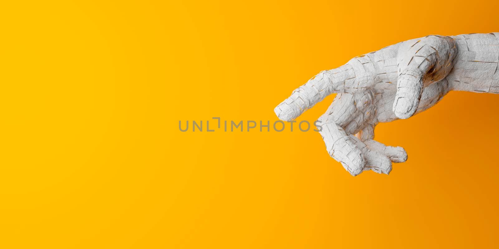 cracked hand pointing to the center of the image with a yellow background and space for text. 3d render