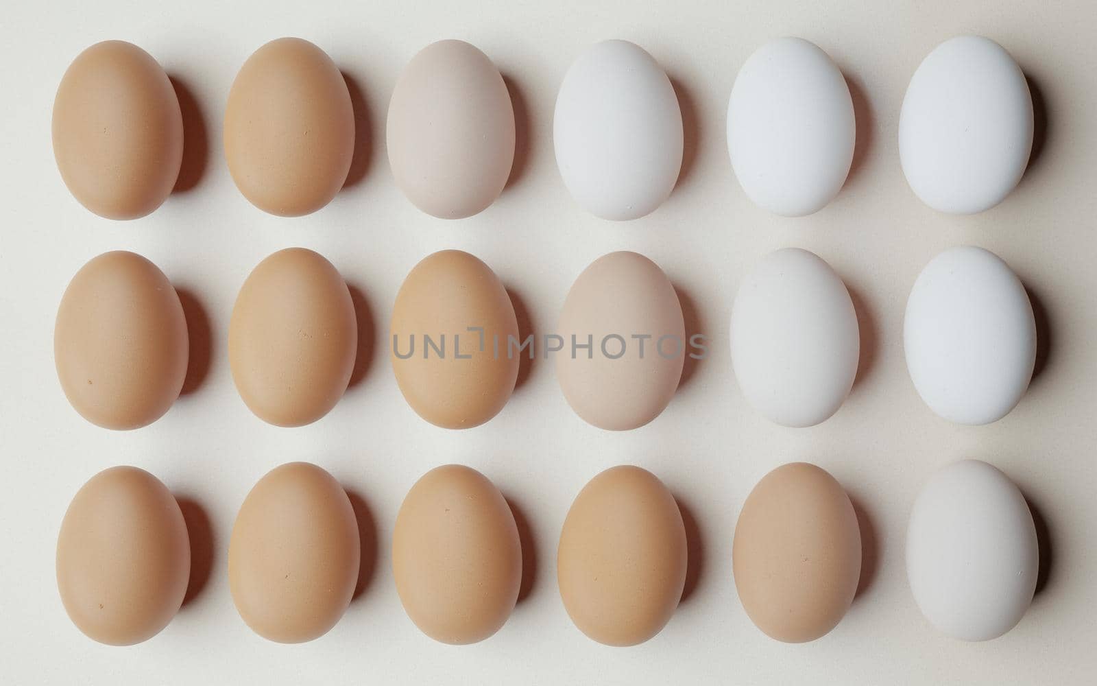 chicken eggs aligned and ordered from darkest to lightest on a light background. 3d render