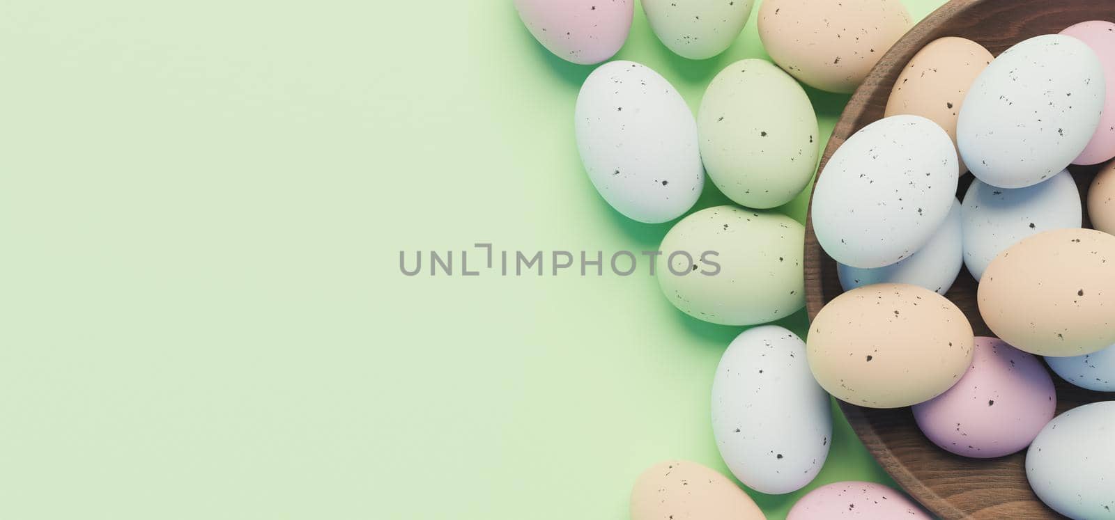 pastel colored eggs on a green background with a dark wooden bowl. 3d rendering