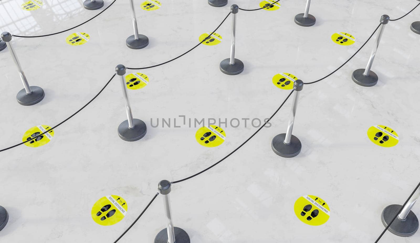waiting queue with yellow social distance labels by asolano
