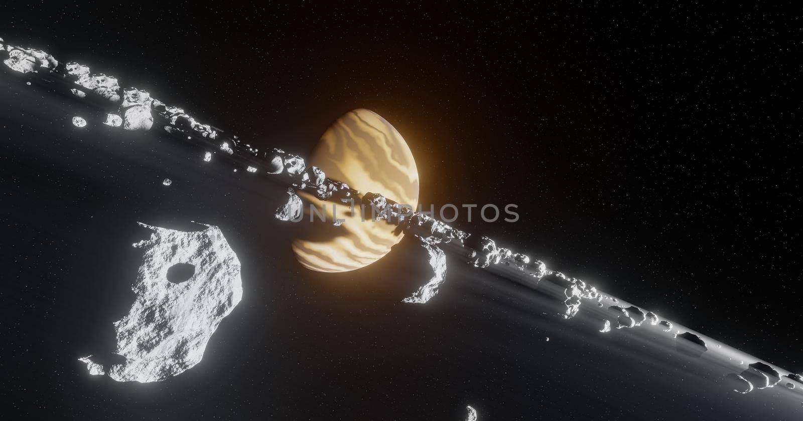 orange planet with asteroid ring and starry sky. 3d illustration