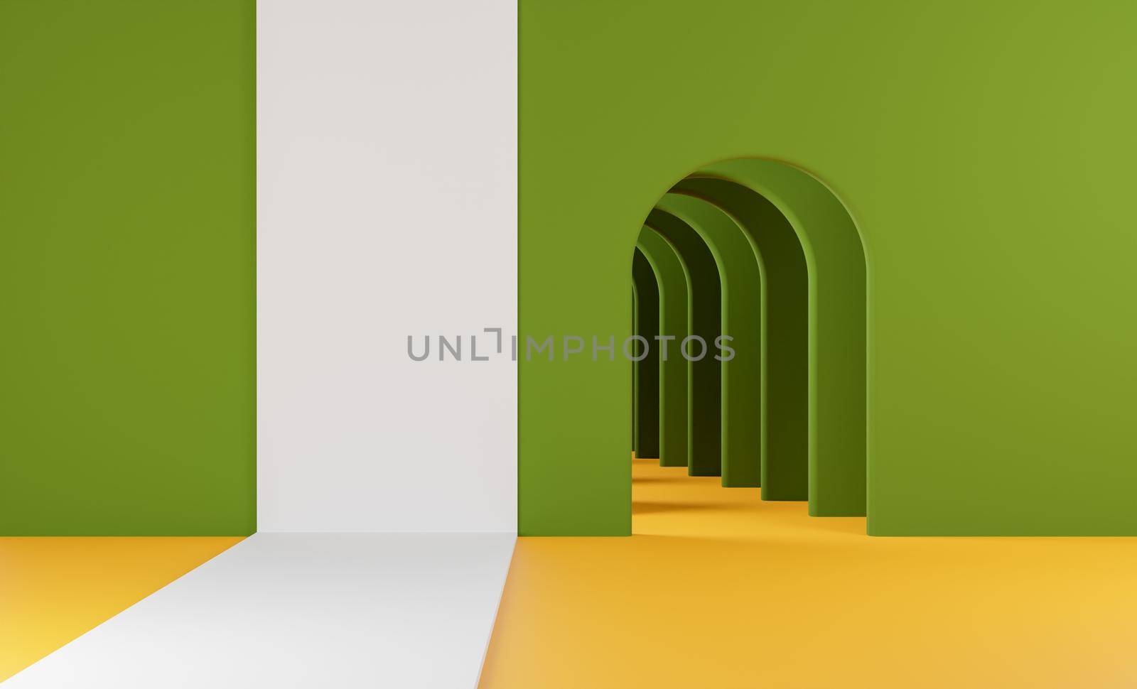 mockup of product with infinite tunnel of green, orange and white arches. 3d render