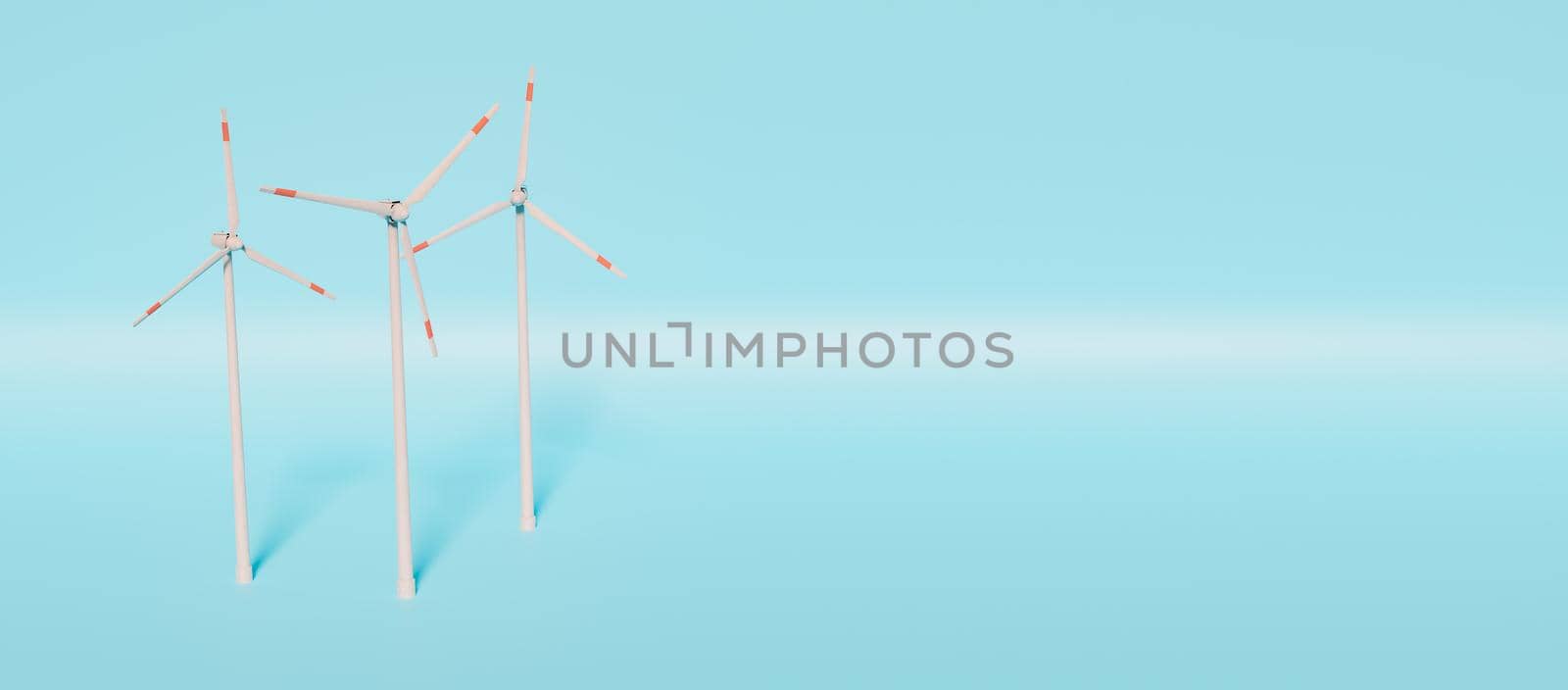 wind turbines on light blue background with space for text. 3d rendering