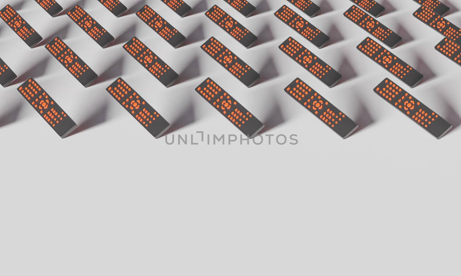 pattern of black tv remote controls with orange buttons on white background. 3d rendering