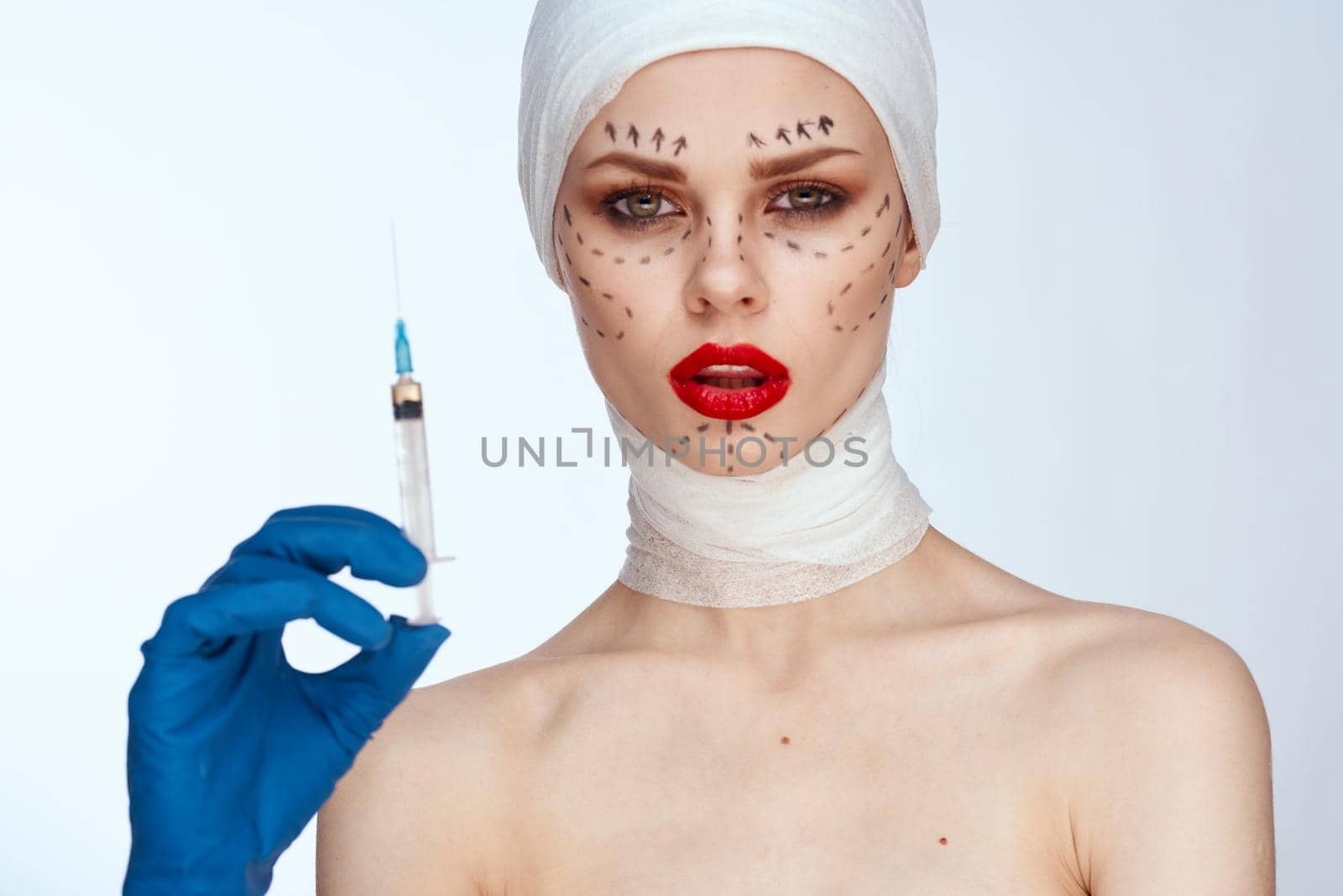 portrait of a woman Red lips plastic surgery operation bare shoulders studio lifestyle by Vichizh