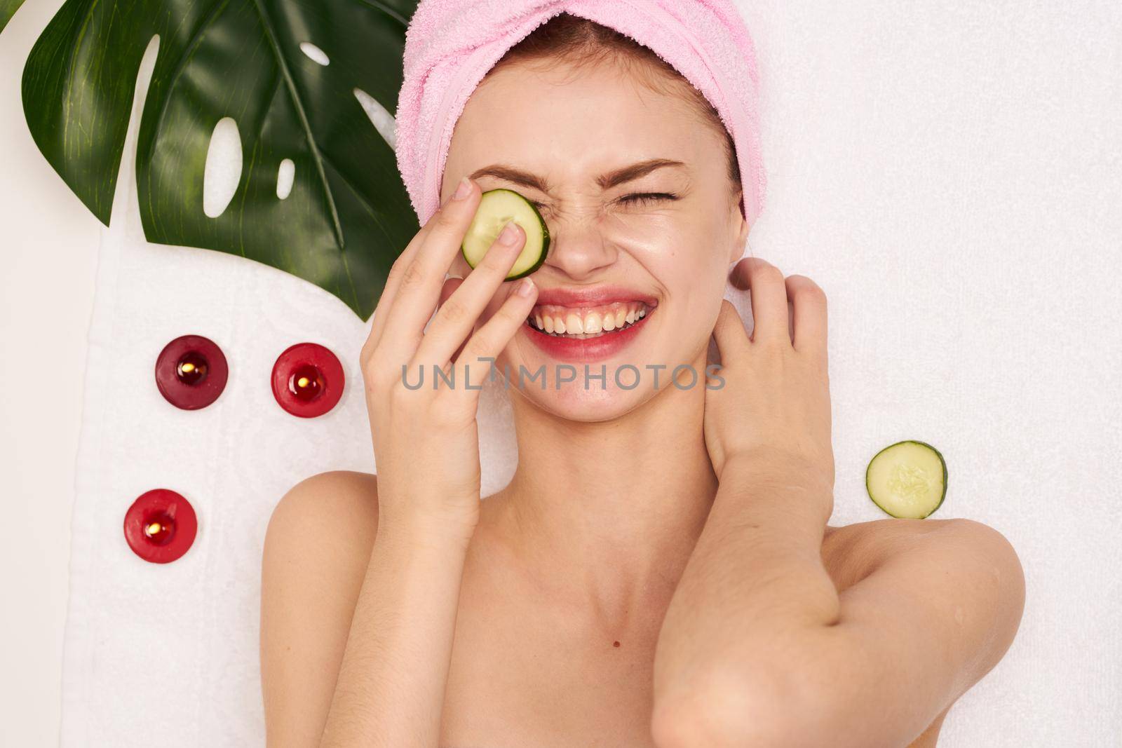 pretty woman naked shoulders cucumber face mask clear skin by Vichizh