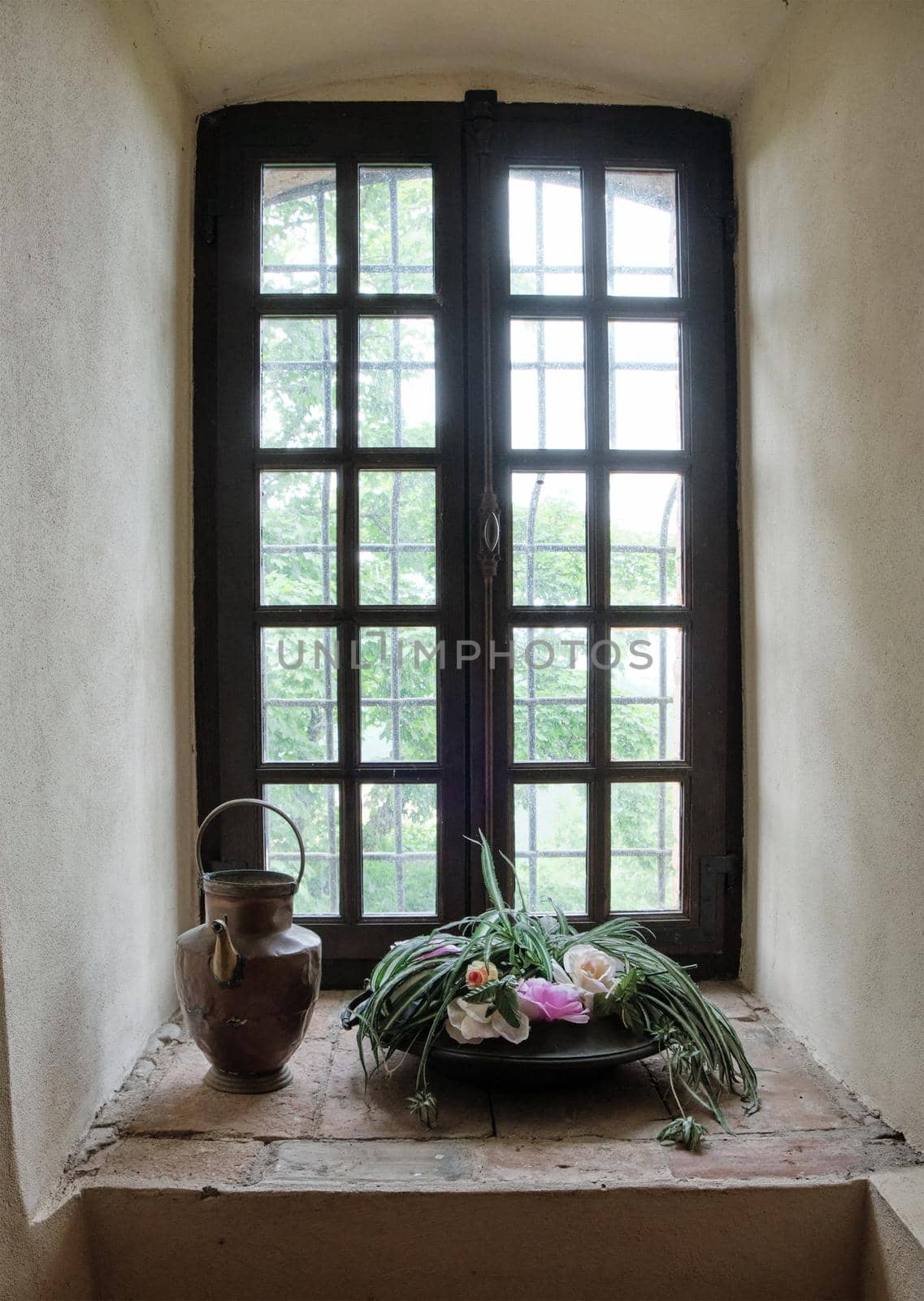 composition of copper container and plants with old window