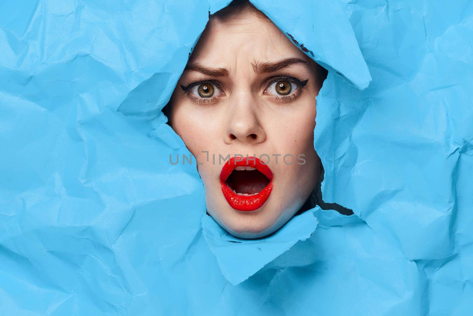 female face blue background red lips makeup emotions by Vichizh