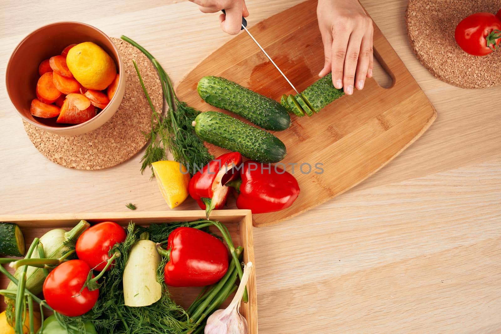 food kitchen cooking salad red tomatoes wood background by Vichizh