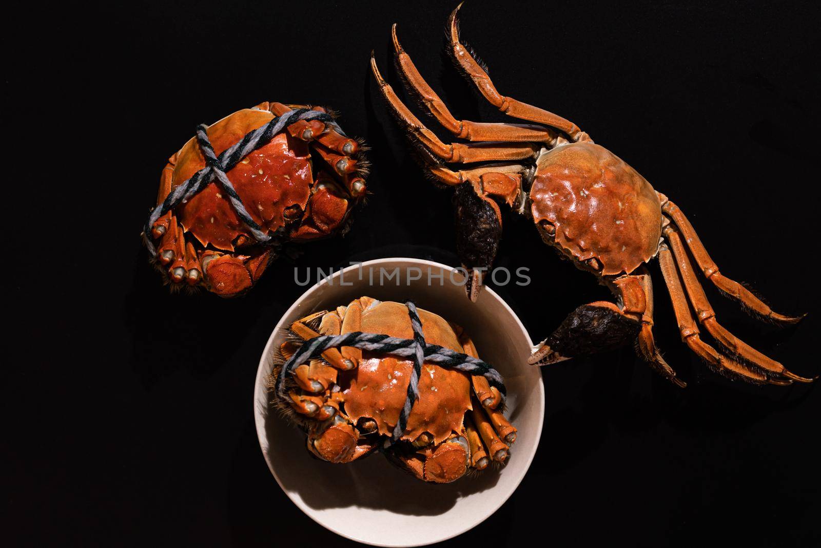 boiled Shanghai hairy crab or Chinese mitten crab (Eriocheir sinensis) with Chili and herb on black background