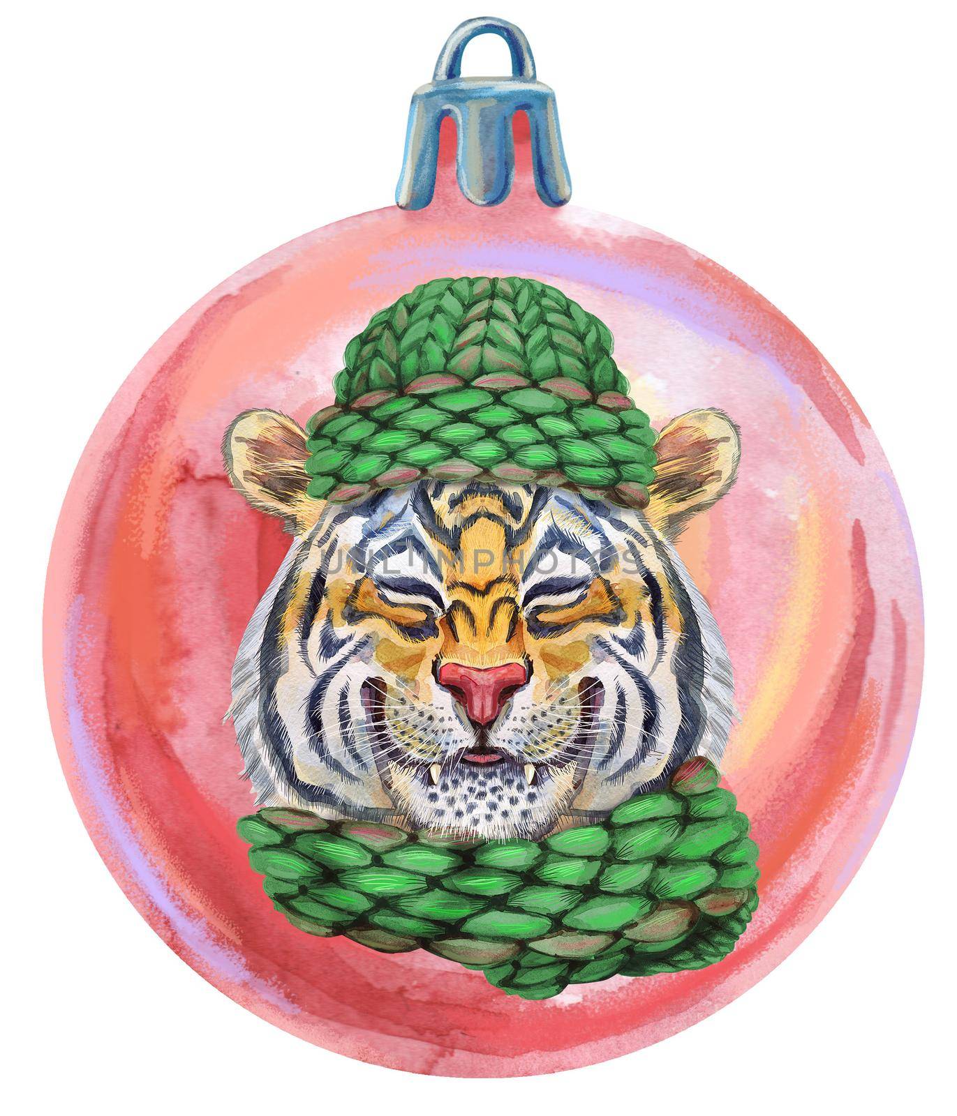 Watercolor Christmas pink ball with tiger isolated on a white background.