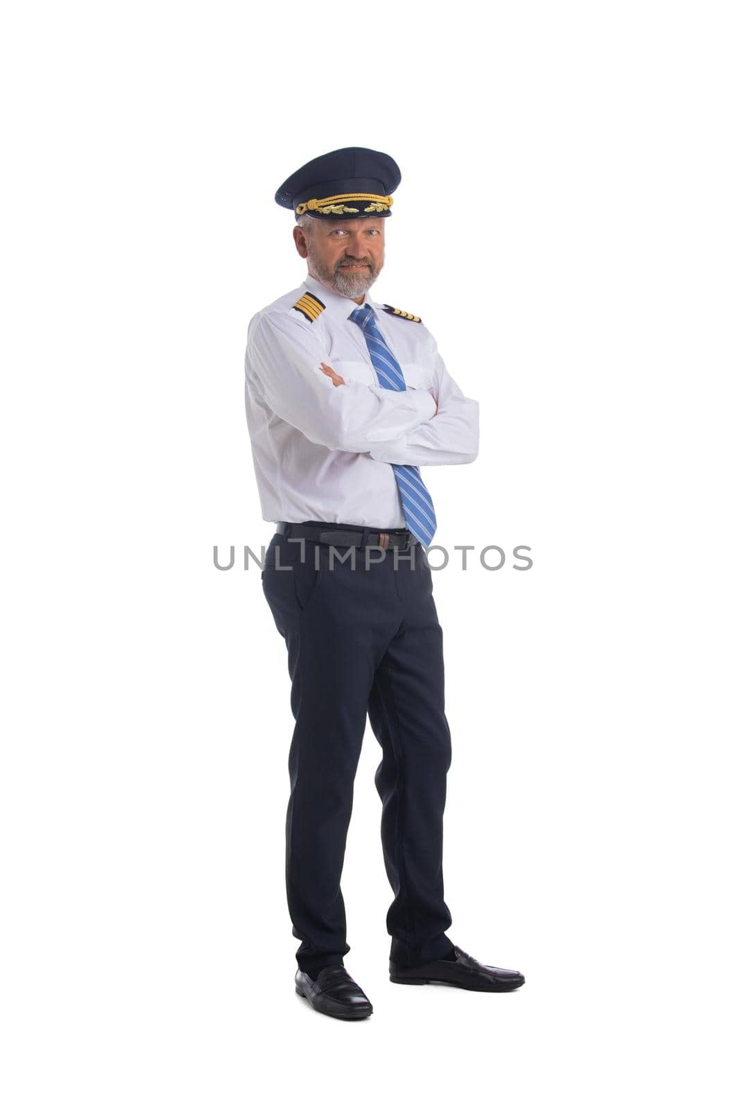Portrait of confident airplane pilot. Isolated on white background, full length