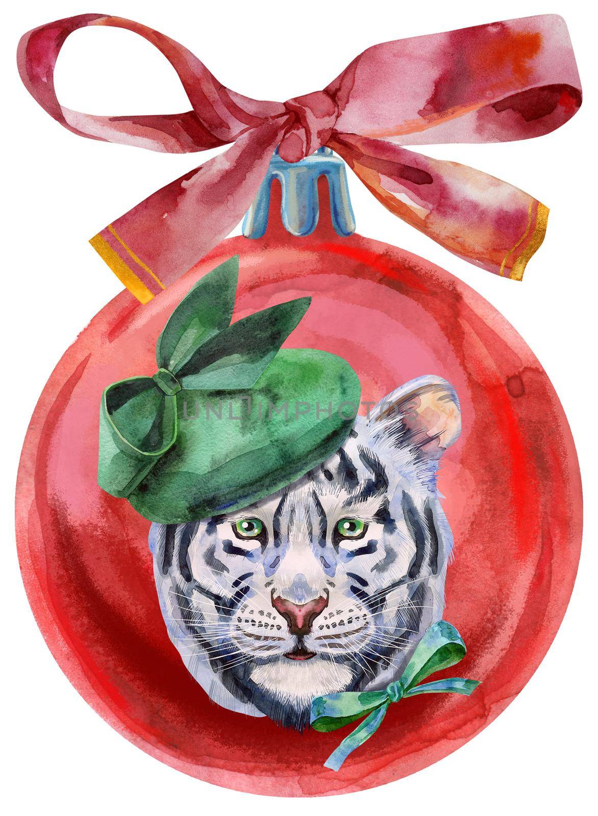 Watercolor red Christmas ball with bow and tiger isolated on a white background. On ball silhouette of bull by NataOmsk