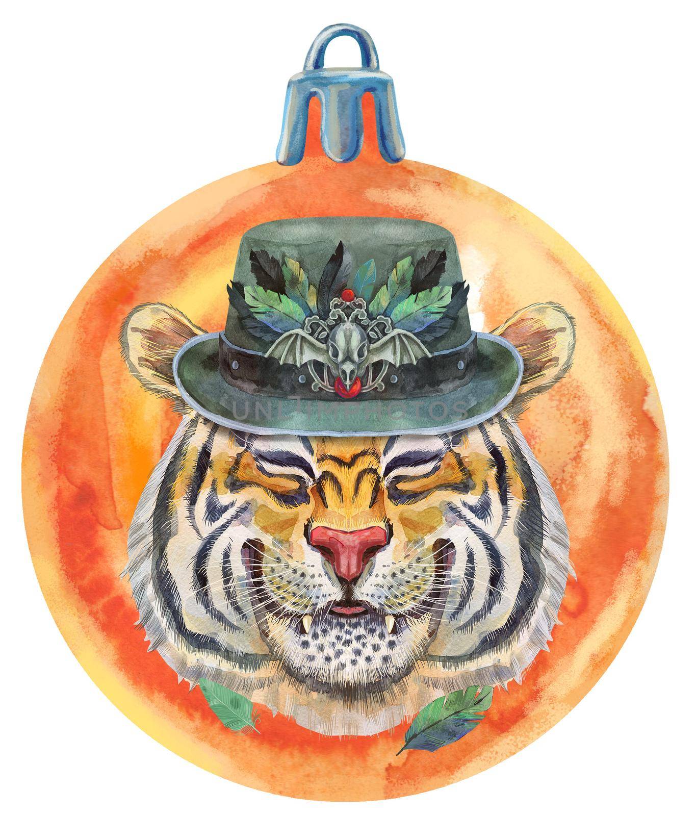 Watercolor orange Christmas ball with tiger isolated on a white background. by NataOmsk