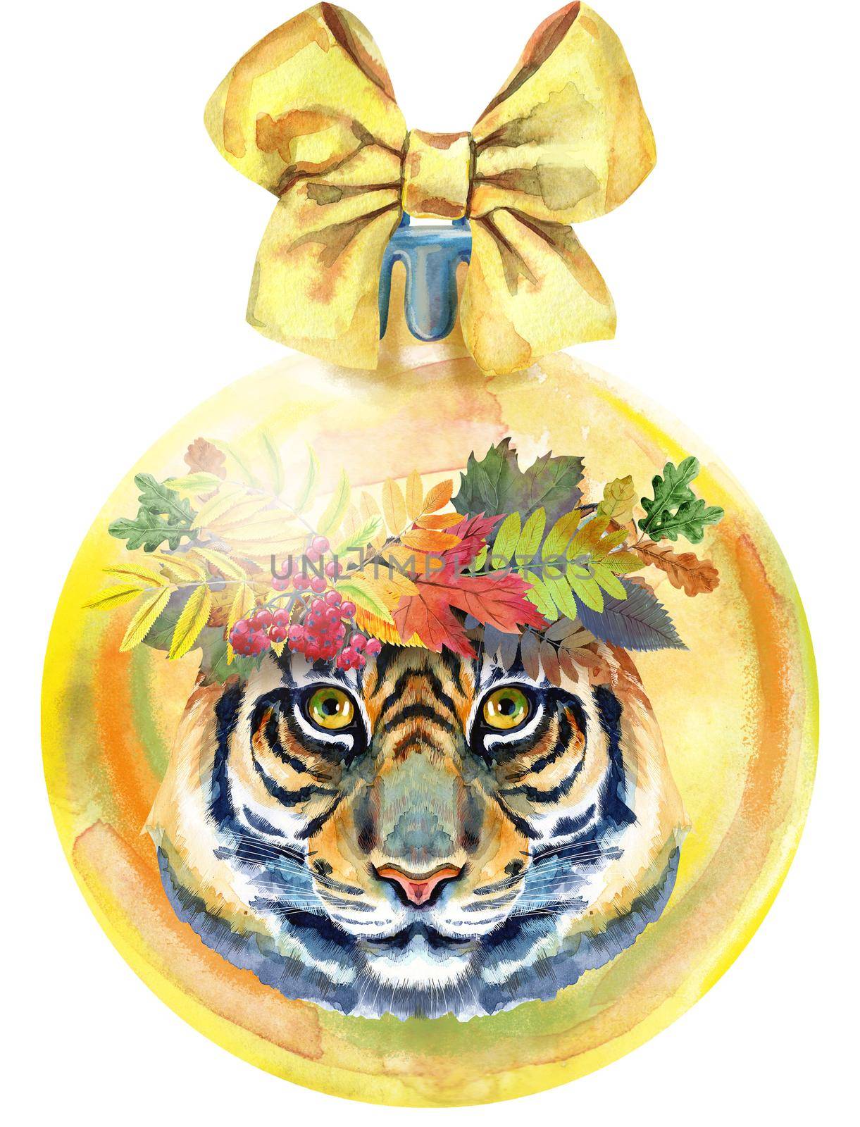 Watercolor Christmas ball with bow and tiger isolated on a white background.