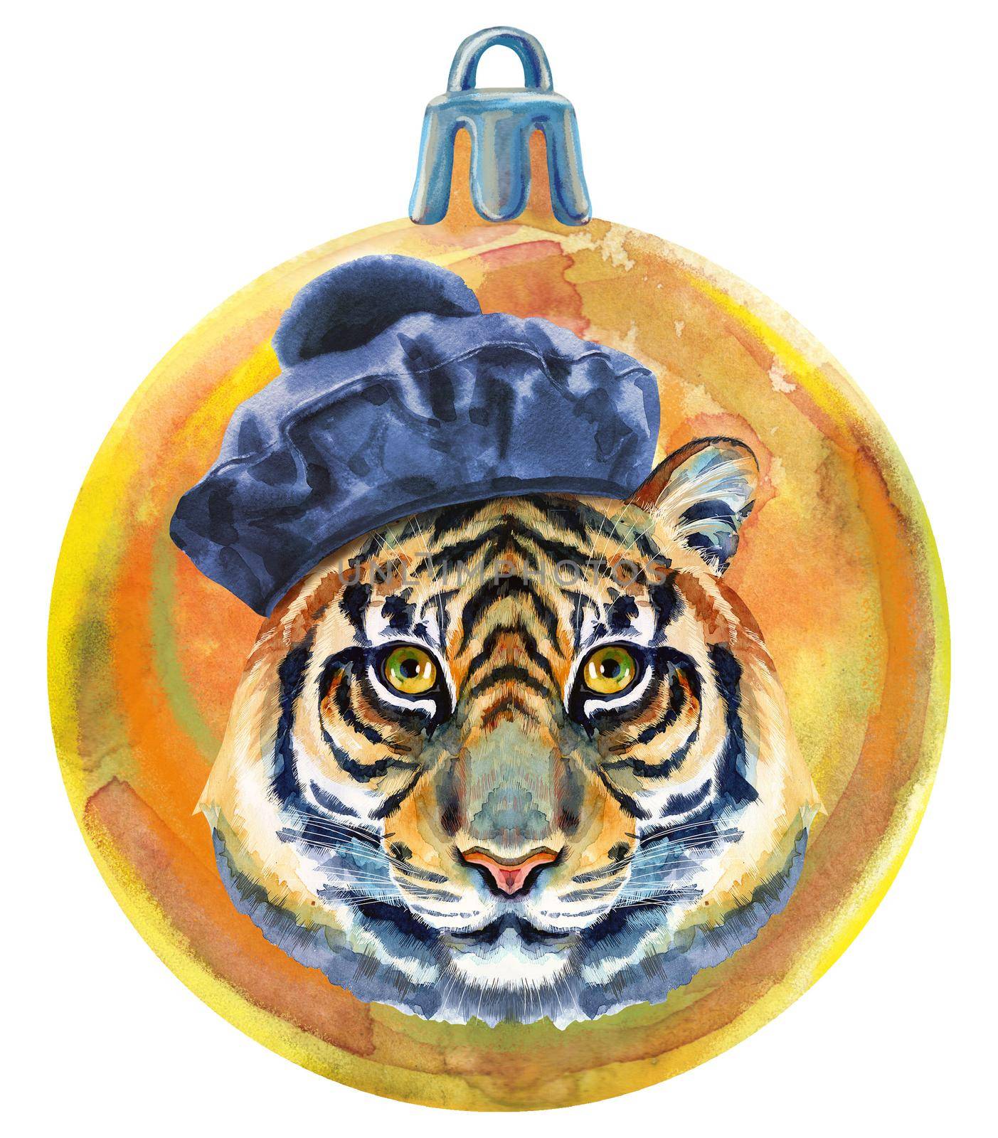 Watercolor Christmas ball with tiger isolated on a white background.