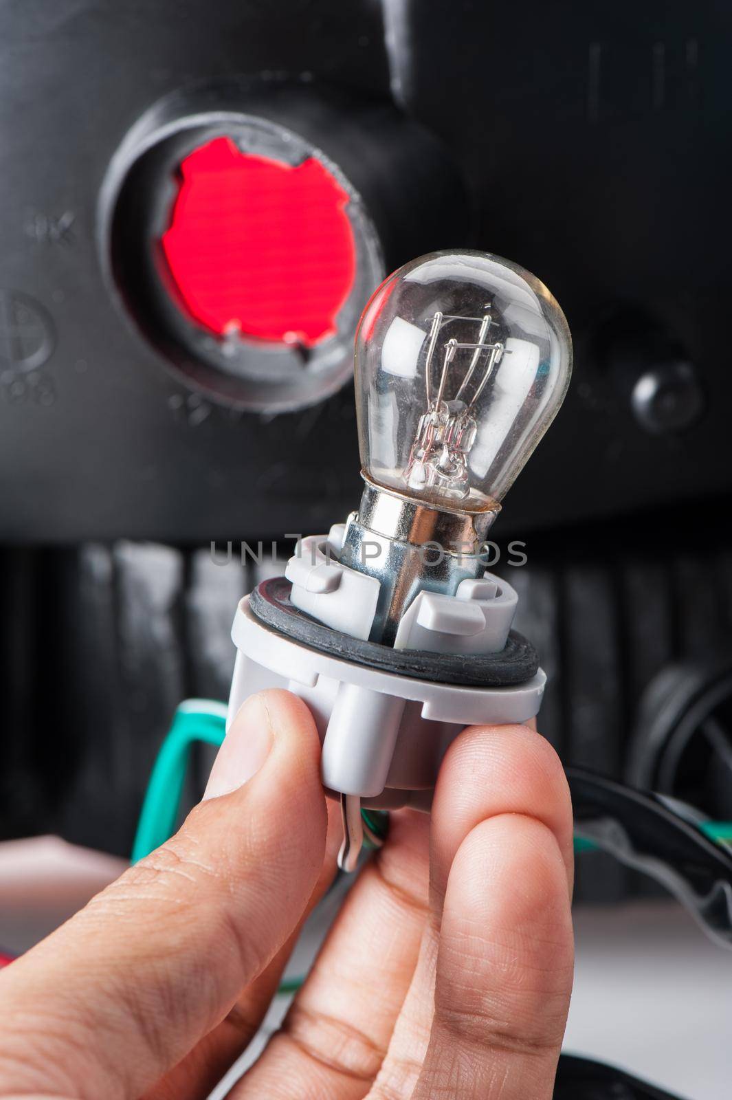 automotive light bulb connected to light socket